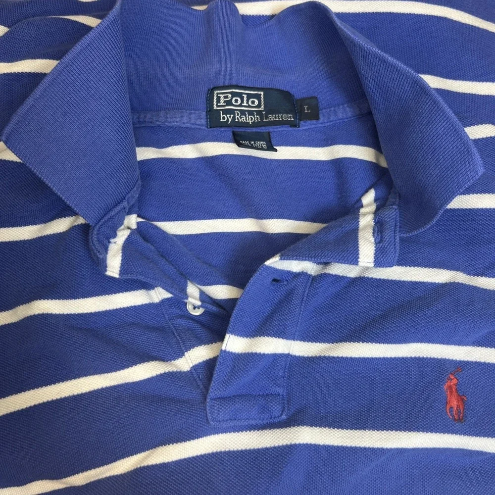 Polo Ralph Lauren Blue White Stripe Polo Shirt Red Pony Men's Large 100% Cotton